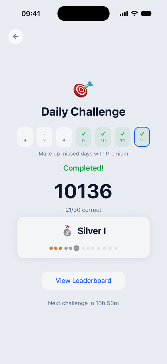 Daily Challenge screen with Silver league